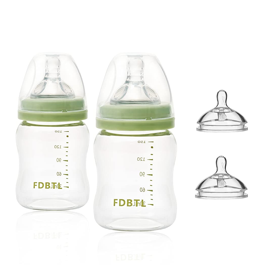 Baby Bottle Glass Wide Neck, Closer to Breastfeeding, Slow Flow Nipple, Anti-Colic, 4 Ounce, 2 Count