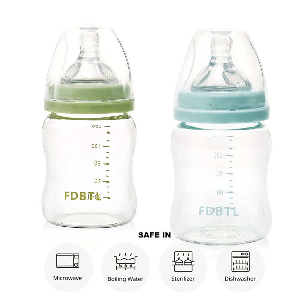 Baby Bottle Glass Wide Neck, Closer to Breastfeeding, Slow Flow Nipple, Anti-Colic, 4 Ounce, 2 Count