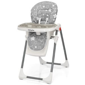 baby joy folding high chair for babies & toddlers, infant dining chair w/removable dishwasher safe tray, 5-point safety belt, wheels, detachable cushion, adjustable backrest footrest & height (gray)