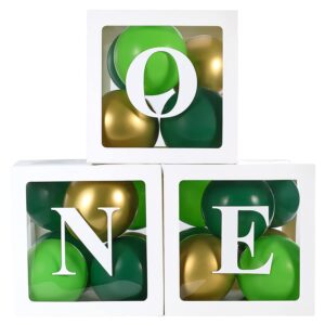 baby 1st birthday decorations for boy, one balloon boxes with letters includes green and golden balloons, one blocks design for boys 1 year old birthday backdrop favor, first birthday cake smash