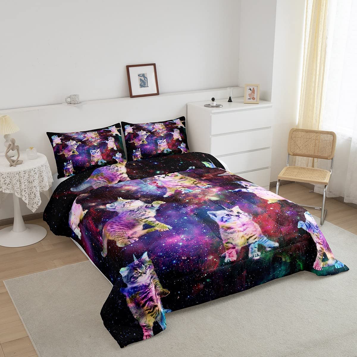 Feelyou Galaxy Unicorn Comforter Set Kids Cute Unicorn Cats Bedding Set for Boys Girls Fairy Cartoon Animal Comforter Stars Rainbow Cats Decor Quilt Set Room Decor 2Pcs Twin Size