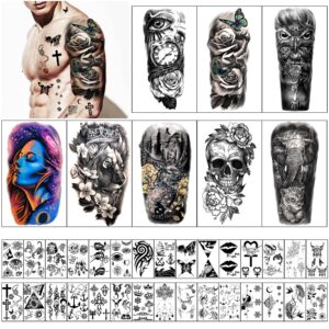 Extra Large Full Arm Waterproof Temporary Tattoos 8 Sheets and Half Arm Shoulder Tattoo 8 Sheets, Tiny 30sheets Lasting Tattoo Stickers for Girls Adult Women or Men (Total 46 sheets)