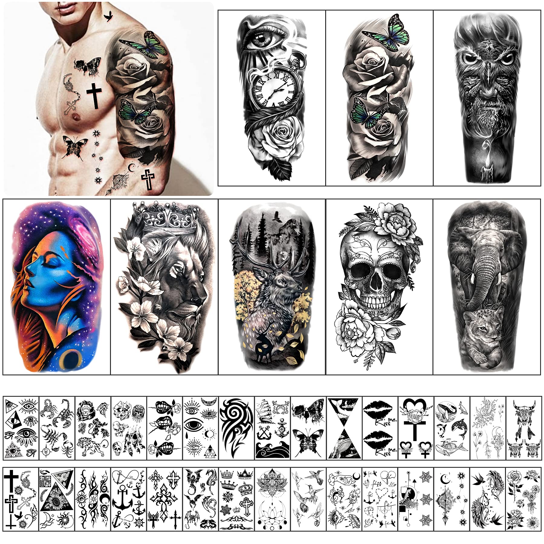 Extra Large Full Arm Waterproof Temporary Tattoos 8 Sheets and Half Arm Shoulder Tattoo 8 Sheets, Tiny 30sheets Lasting Tattoo Stickers for Girls Adult Women or Men (Total 46 sheets)