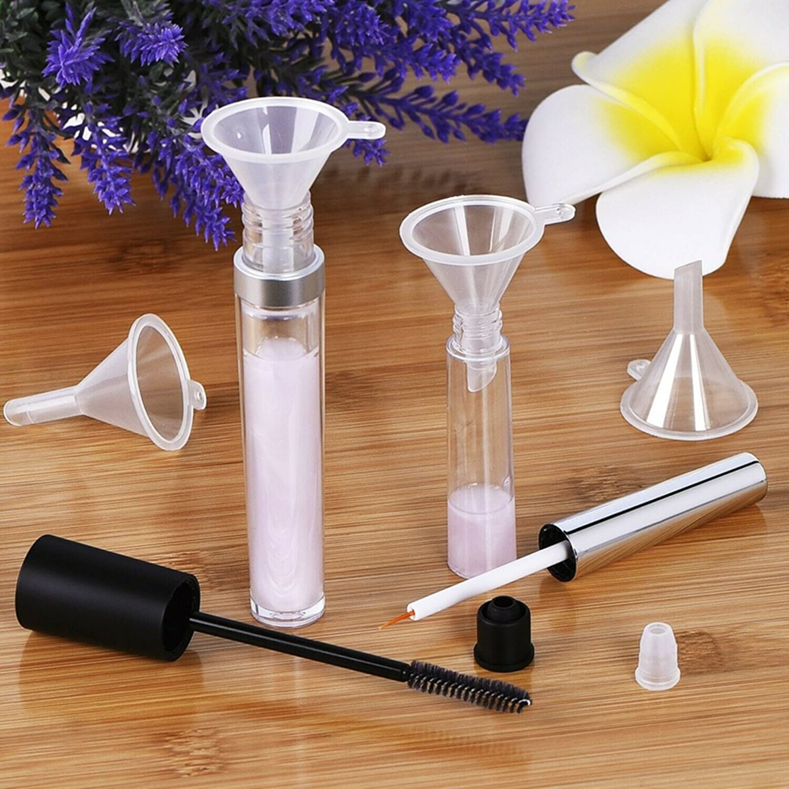 Empty Eyelash Mascara Tube and Eyeliner Wand, 8ml Mascara Tube Wand Eyelash Container Bottle, 7ml Empty Mascara and Eyeliner Tubes Transparent 4 Packs with Rubber Inserts, Funnels for DIY Castor Oil