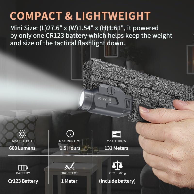 ELFGO Compact Rail Mounted Pistol Light, 600 Lumens Mini LED Strobe Tactical Flashlight Weapon Light, Gun Lights for Glock, Picatinny MIL-STD-1913, Springfield