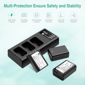 FirstPower NP-FW50 Battery 3-Pack and Triple Slot Charger for Sony Alpha A6000 A6300 A6400 A6500 A7 A7II A7RII A7SII A7S A7S2 A7R A7R2 A5100 A5000 RX10 RX10II ZV-E10