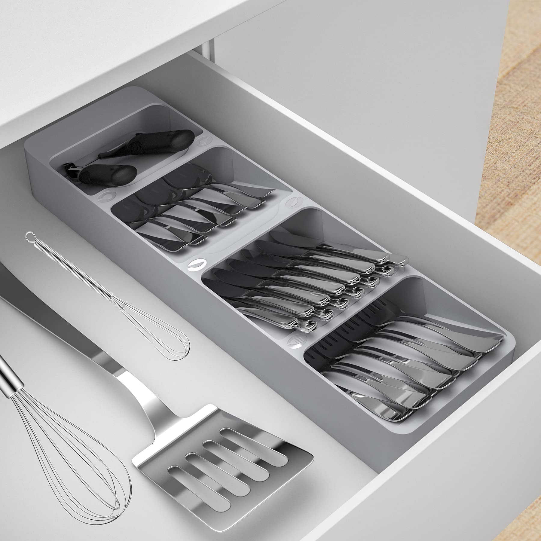 HOTEC Kitchen Drawer Organizer Tray Compact Cutlery Organizer Tray Box for Silverware Cutlery Spoon Knife and Fork Partition Storage, Grey