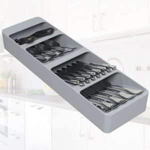 HOTEC Kitchen Drawer Organizer Tray Compact Cutlery Organizer Tray Box for Silverware Cutlery Spoon Knife and Fork Partition Storage, Grey