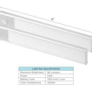 BLACK+DECKER Rechargeable Under Cabinet Lighting, Motion Sensor On/Off, Warm White LED, Stick-On Install for Kitchen & Closets - 2 Bars