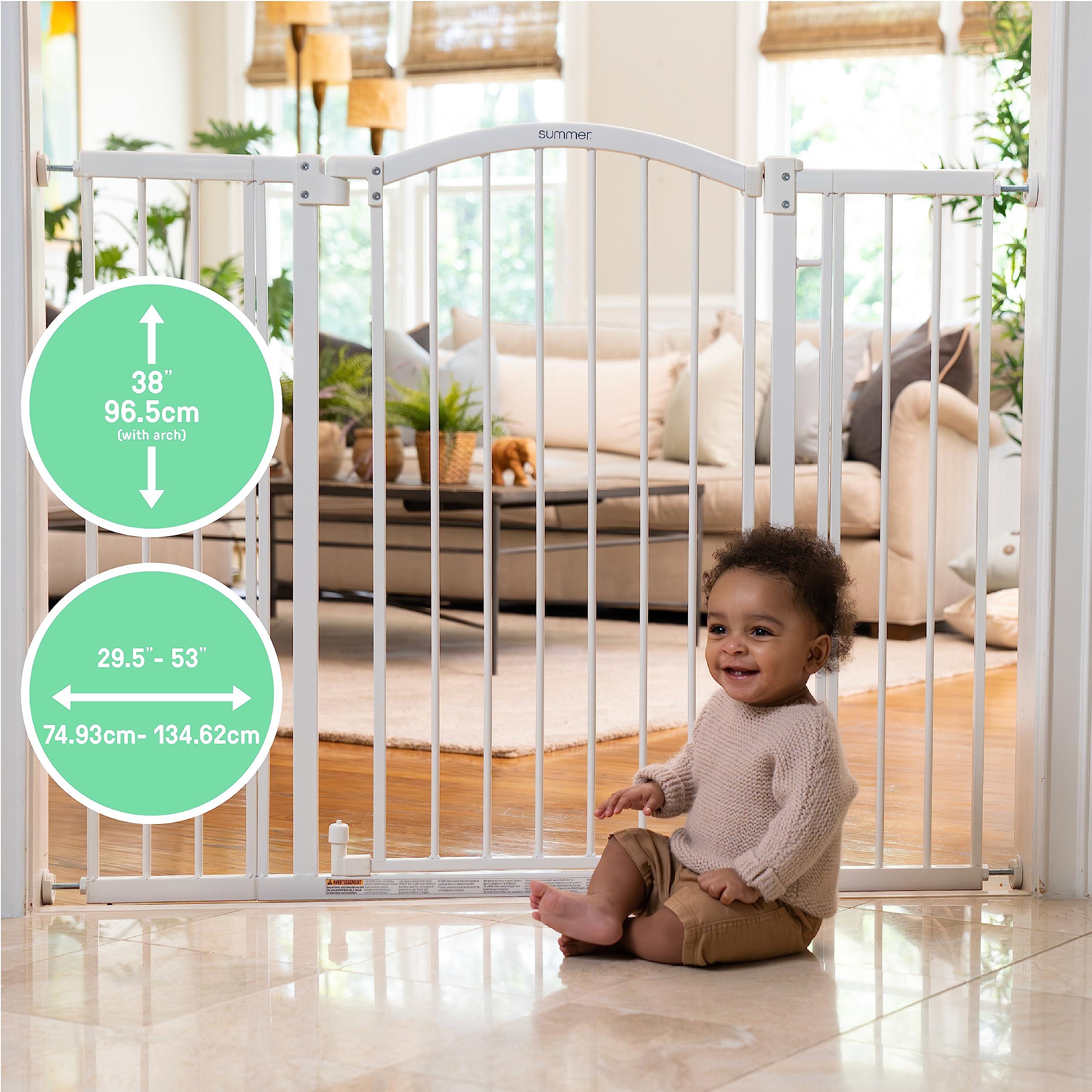 Summer Infant Extra Tall & Wide Safety Pet and Baby Gate, 29.5"-53" Wide, 38" Tall, Pressure or Hardware Mounted, Install on Wall or Banister in Doorway or Stairway, Auto Close Walk-Thru Door - White