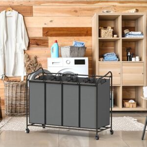 Simple Houseware 4-Bag Heavy Duty Laundry Sorter Rolling Cart, Dark Grey