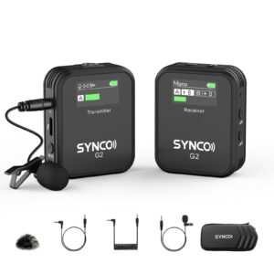 synco wireless lavalier microphone, g2(a1) 2.4g lavalier 1 transmitter & 1 receiver lapel mic for vlog streaming youtube for dslr camera smartphone tablet, wireless-lav-mics-for-camera