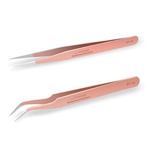 lankiz eyelash extension tweezers stainless steel straight and curved volume lash tweezers set for eyelash extension professional-rose gold