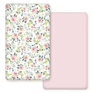 GRSSDER Stretchy Ultra Soft Jersey Knit Fitted Crib Sheets Set 2 Pack, Cozy Crib Sheet Girl Fits All Standard Crib Mattress Pads, Beautiful Pink Rose Print