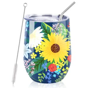 nymphfable 12oz flower wine tumbler with straw and lid stainless steel wine glass insulated travel mug double wall