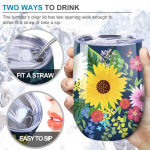 NymphFable 12oz Flower Wine Tumbler with Straw and Lid Stainless Steel Wine Glass Insulated Travel Mug Double Wall