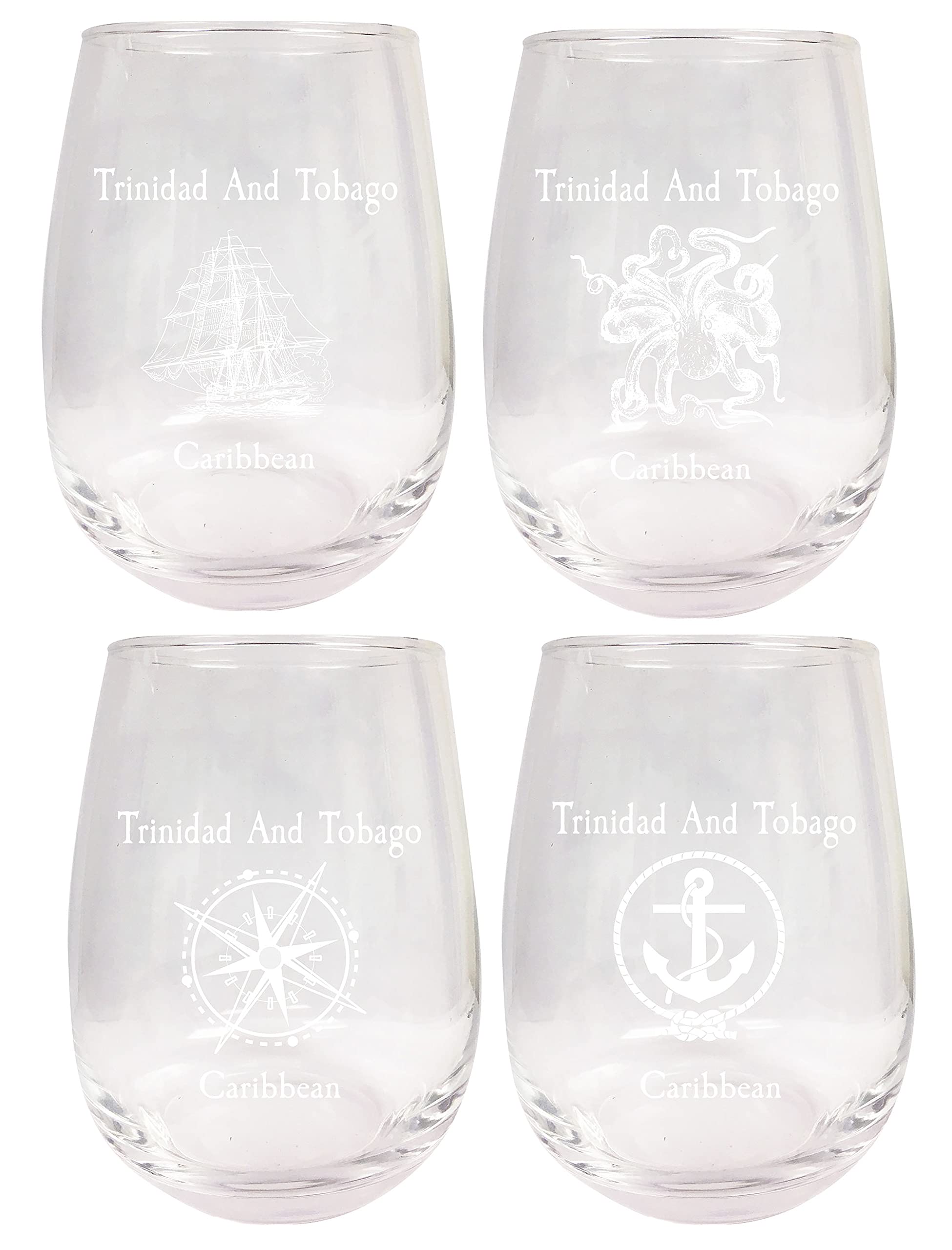 R and R Imports Trinidad And Tobago Caribbean Souvenir 9 Ounce Laser Engraved Stemless Wine Glass Nautical Designs 4-Pack