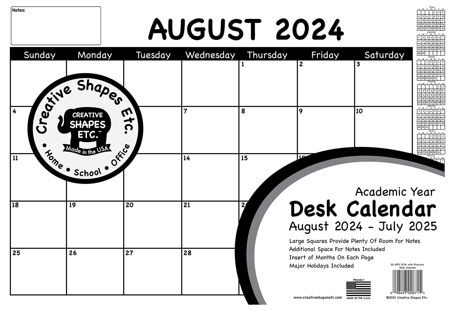 2 pcs 2024-2025 Academic Year Desk Calendar Black/White and Chalkboard Design Combination Pack, 12 months with notes space major holidays 13” x 19” Wall/Desk Teacher Planner Classroom Office Home Organization