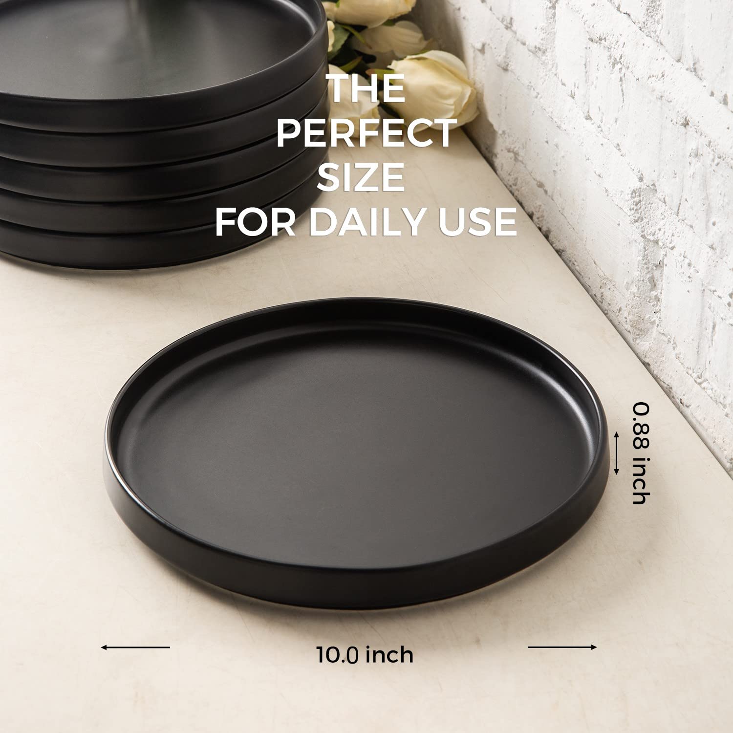 AmorArc Ceramic Dinner Plates Set of 6, 10.0 Inch Matte Stoneware Plates for Kitchen,Modern Flat Dinnerware Dishes Set,Microwave& Dishwasher Safe, Scratch Resistant, Matte Black