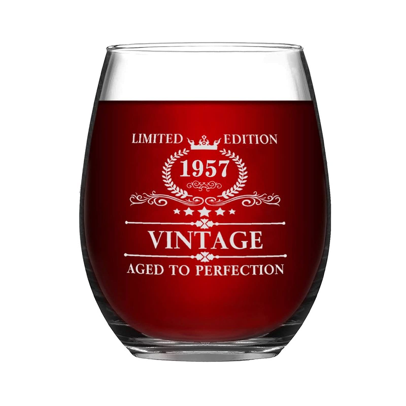 1957 Vintage Wine Glass Funny Birthday Gifts for Men Women - 11 oz Stemless Wine Glass - Ideas for Mom Dad Birthday Anniversary