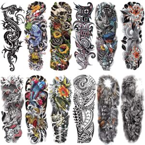 cuteliili temporary tattoo for men and women,12sheets (l19“xw7”) full sleeve tattoos stickers for teens, colorful fake tattoos