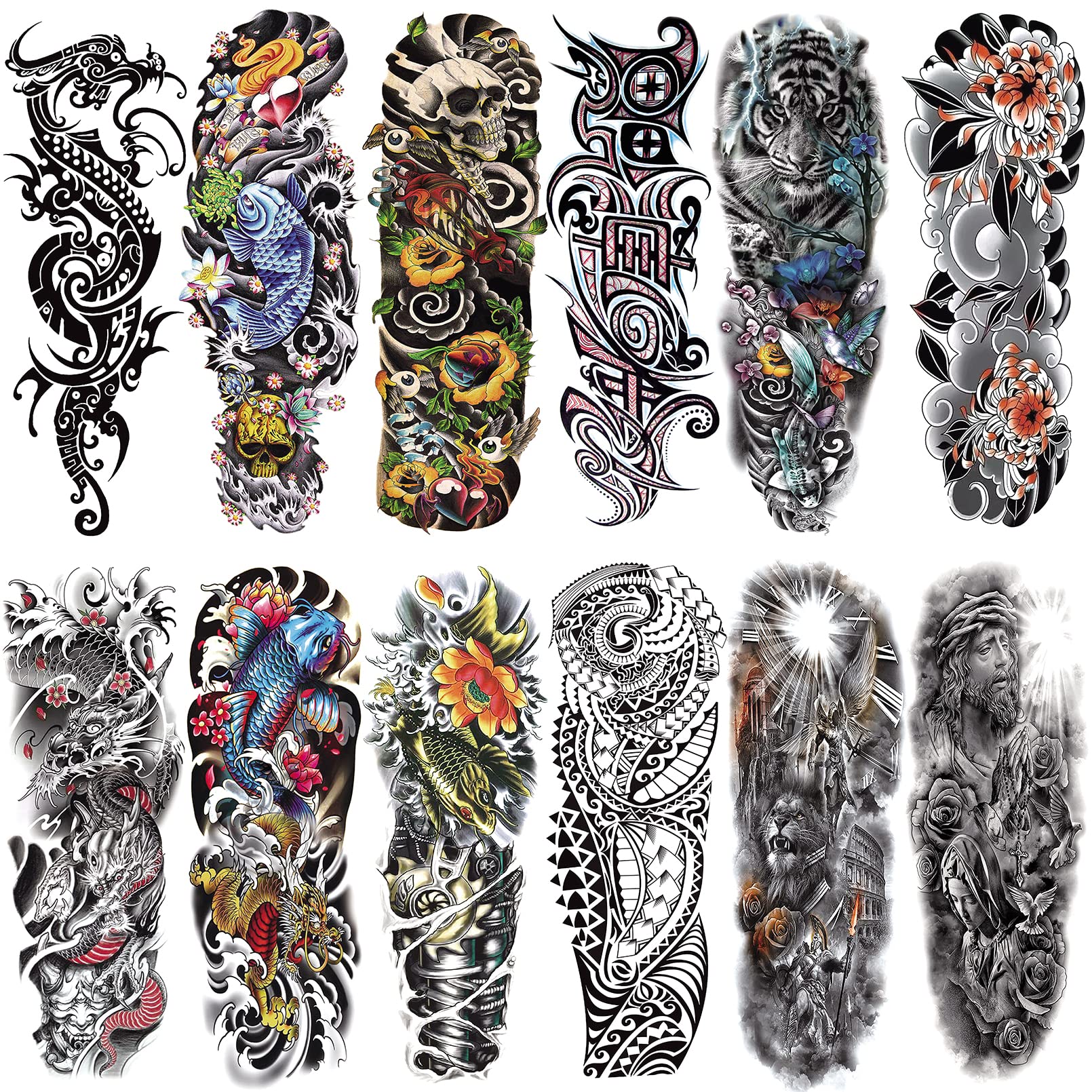 CUTELIILI Temporary Tattoo for Men and Women,12sheets (L19“xW7”) Full Sleeve Tattoos Stickers for Teens, Colorful Fake Tattoos