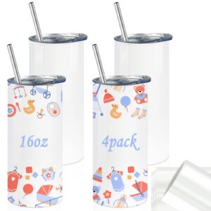 aiheart 16oz kids sublimation straight skinny tumbler,4pack sublimation stainless steel blanks bulk,double wall vacuum tumblers with shrink wrap films and straw,great diy gift for kid,toddler