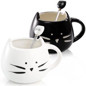 zeayea set of 2 cat coffee mug, 12 oz ceramic cute tea milk cup with spoon for women girls cat lovers, couple coffee mugs best gift for christmas, birthday, anniversary, white and black