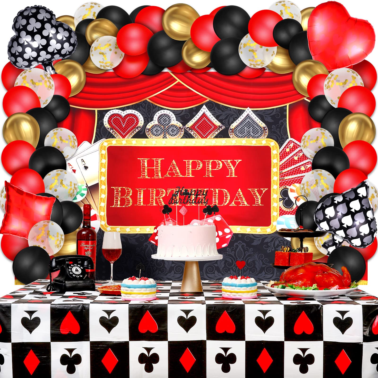 79 Pcs Casino Theme Party Decorations, Las Vegas Party Decorations Casino Birthday Party Decorations Supplies Include Casino Backdrop, Balloon Garland Kit, Tablecloth, Cake Toppers and Foil Balloons