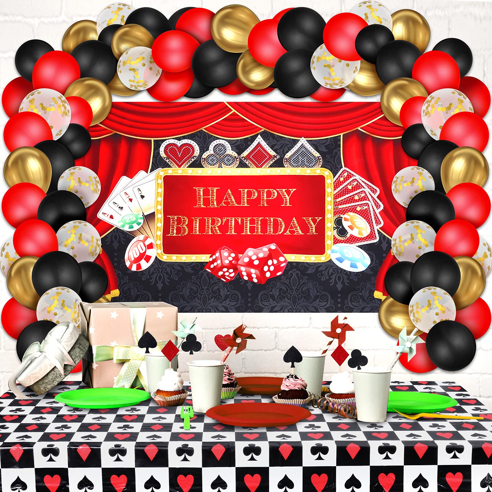 79 Pcs Casino Theme Party Decorations, Las Vegas Party Decorations Casino Birthday Party Decorations Supplies Include Casino Backdrop, Balloon Garland Kit, Tablecloth, Cake Toppers and Foil Balloons