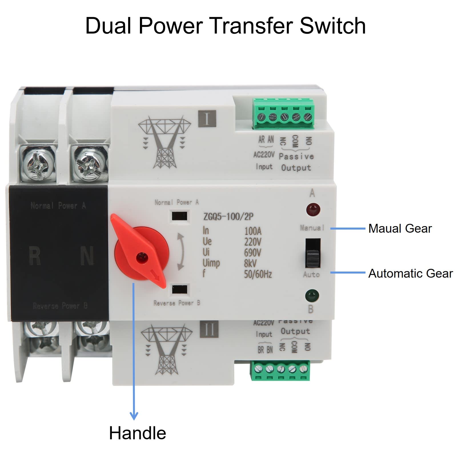 Dual Power Automatic Transfer Switch, 100 amp Manual Transfer Switch 2P Automatic Transfer Switch Back up Generator Transfer Switch Home Transfer Switch 220V 100A