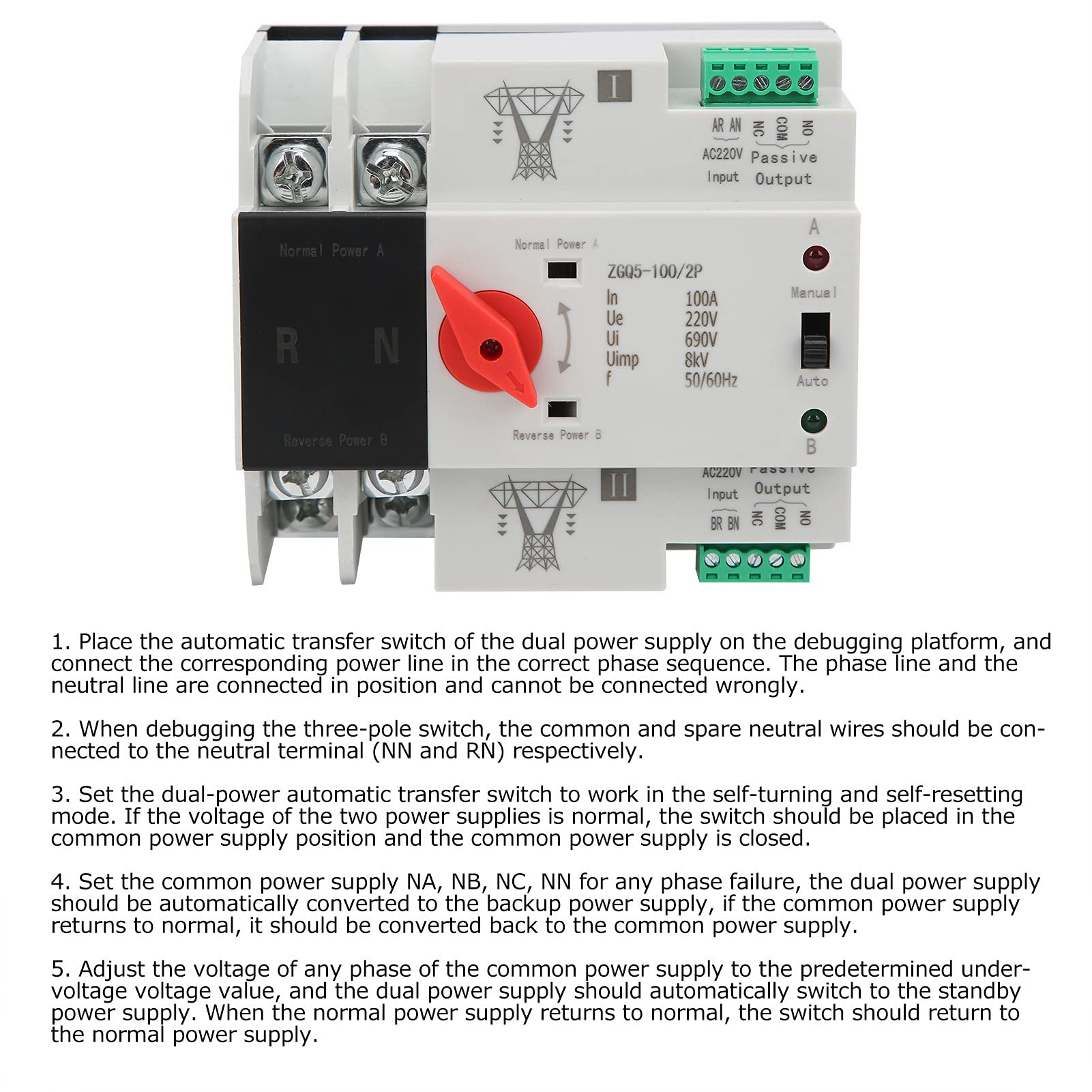 Dual Power Automatic Transfer Switch, 100 amp Manual Transfer Switch 2P Automatic Transfer Switch Back up Generator Transfer Switch Home Transfer Switch 220V 100A