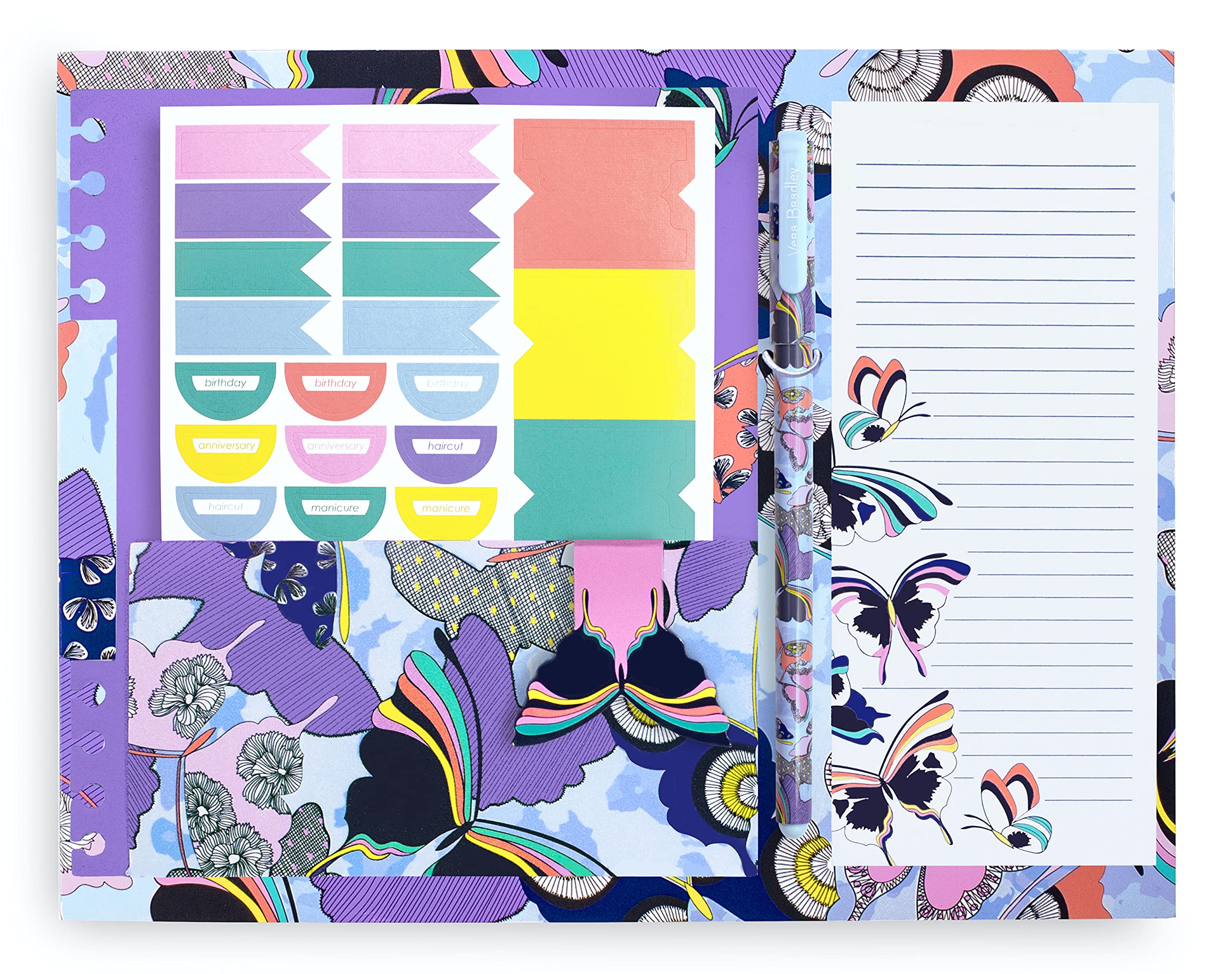 Vera Bradley Planner Accessories Pack, Fits Inside All VB Spiral Planners, Snap-In Pocket Folder with List Pad, Sticker Sheet, Gel Pen, and Magnetic Page Keeper, Butterfly By