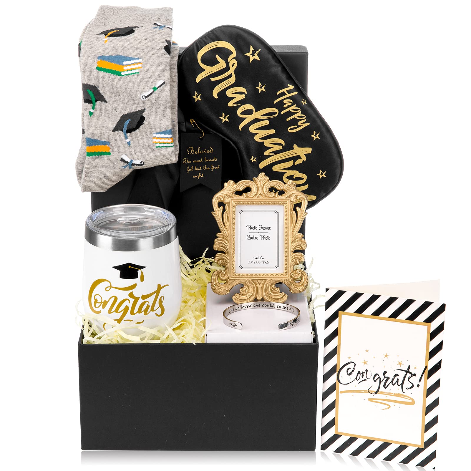 Whaline 8pcs Graduation Gift Box Set for 2024 Graduates Congrats Grad Gift Basket Including Tumbler Mug Eye Mask Photo Frame Sock Bracelet 20g Yellow Raffia Greeting Card for Grad Party Favor Present