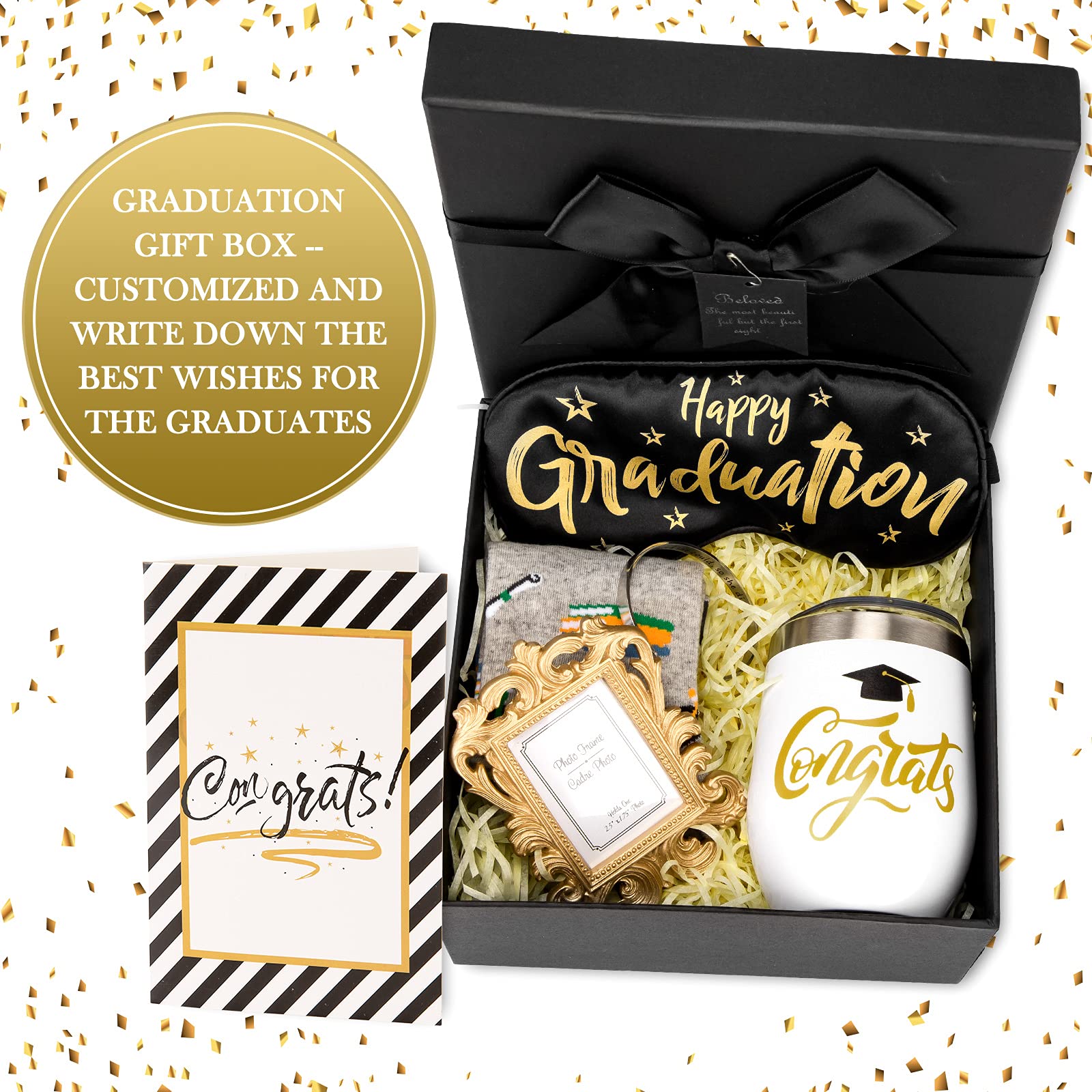 Whaline 8pcs Graduation Gift Box Set for 2024 Graduates Congrats Grad Gift Basket Including Tumbler Mug Eye Mask Photo Frame Sock Bracelet 20g Yellow Raffia Greeting Card for Grad Party Favor Present