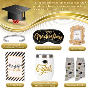 Whaline 8pcs Graduation Gift Box Set for 2024 Graduates Congrats Grad Gift Basket Including Tumbler Mug Eye Mask Photo Frame Sock Bracelet 20g Yellow Raffia Greeting Card for Grad Party Favor Present