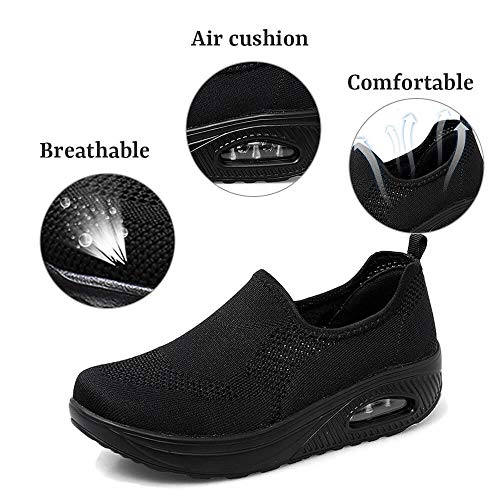 VARSKARC Women's Breathable Casual Air Cushion Slip-on Shoes Walking Running Athletic Sport Shoes Black