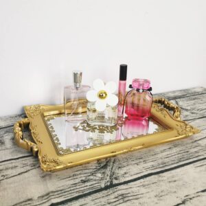 hamphinee rectangle antique decorative mirror tray, perfume organizer, jewelry dresser organizer tray & display, makeup organizer vanity tray, serving tray, 9.3"x14.9", gold