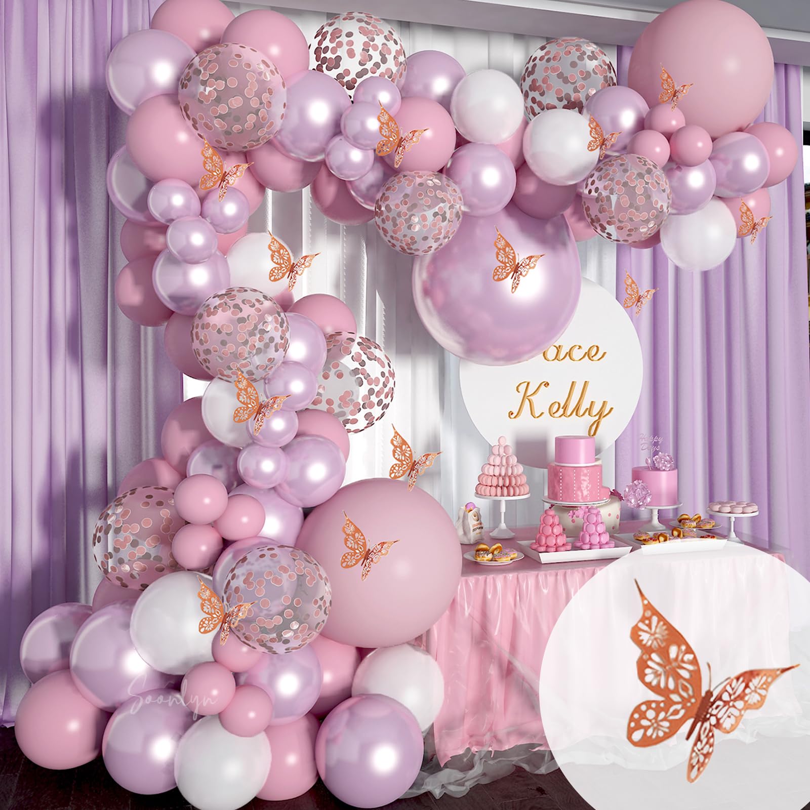 Soonlyn Baby Shower Decorations for Girl 140 Pcs Pink Balloon Garland Butterfly Stickers 18 In 12 In 10 In 5 In Lilac Purple Chrome Rose Gold Confetti Balloon Arch Kit for Girl Birthday Party