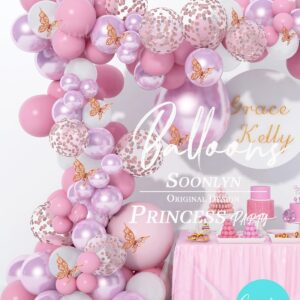 Soonlyn Baby Shower Decorations for Girl 140 Pcs Pink Balloon Garland Butterfly Stickers 18 In 12 In 10 In 5 In Lilac Purple Chrome Rose Gold Confetti Balloon Arch Kit for Girl Birthday Party