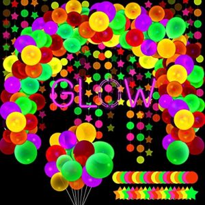 100 Pieces Glow in The Dark Balloons UV Neon Balloon Glow Garland Kit and 53 ft Neon Streamers Paper Glow Garland Decorations for Birthday, Wedding, Black Light Party Supplies (Classic Style)