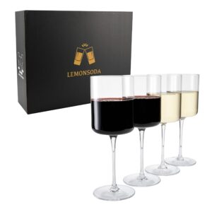 lemonsoda luxury wine glasses - elegant crystal straight edge design - enjoy red or white wine + cocktails - 450ml (15oz) lead-free - beautiful gift (set of 4)