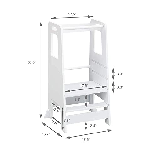 Kid's Wooden Kitchen Step Stool, 220lbs Capacity, Adjustable Platform Standing Tower, with Safety Guardrail Child Studying Tower, Toddler Stool for Bathroom, Cooking Helper（White