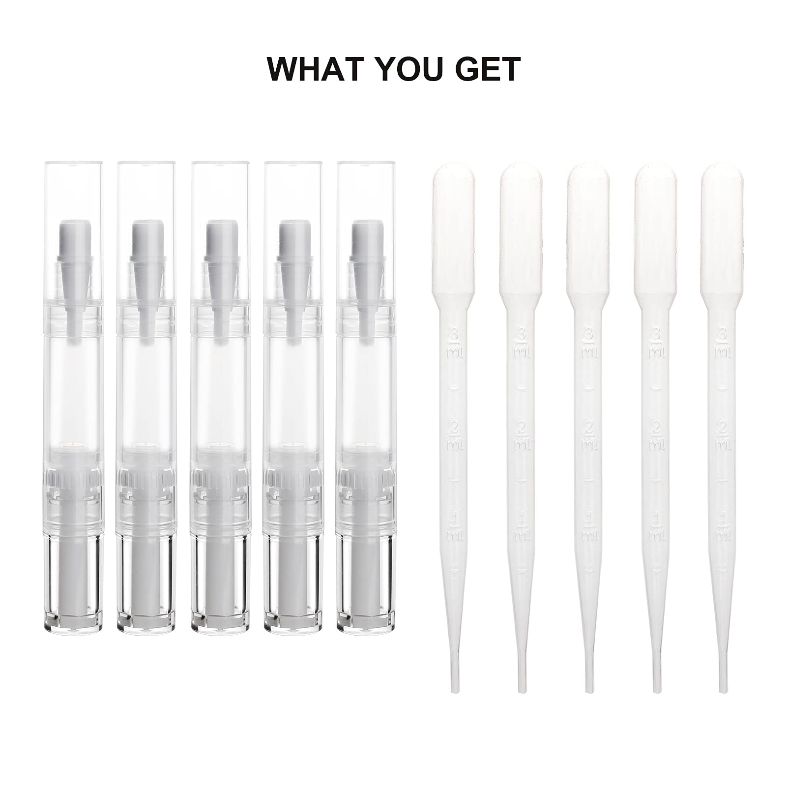 UPZIGS 5 pack 5ml Transparent Twist Pen for Cuticle Oil Applicator, Empty Nail Oil Pen with Brush Tip, Eyelash Growth Liquid Tube, Cosmetic Lip Gloss Container (5x)