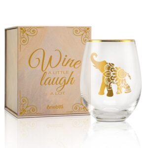 onebttl unique elephant gifts - ethnic mandala elephant stemless wine glass, best for elephant lovers, perfect with red wine gin cocktail fizzy drinks - gold - for birthday, celebrations, housewarming