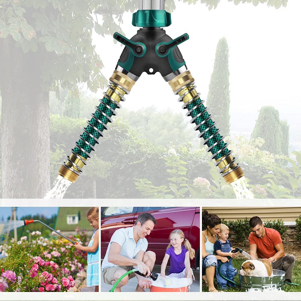 Water Splitter 2 Way Heavy Duty, 3/4" Garden Hose Splitter Y Way Connector 2 Valves Rubberized Grip with 2 Kink Free Faucet Extension Hose Protector 10 Rubber Washers