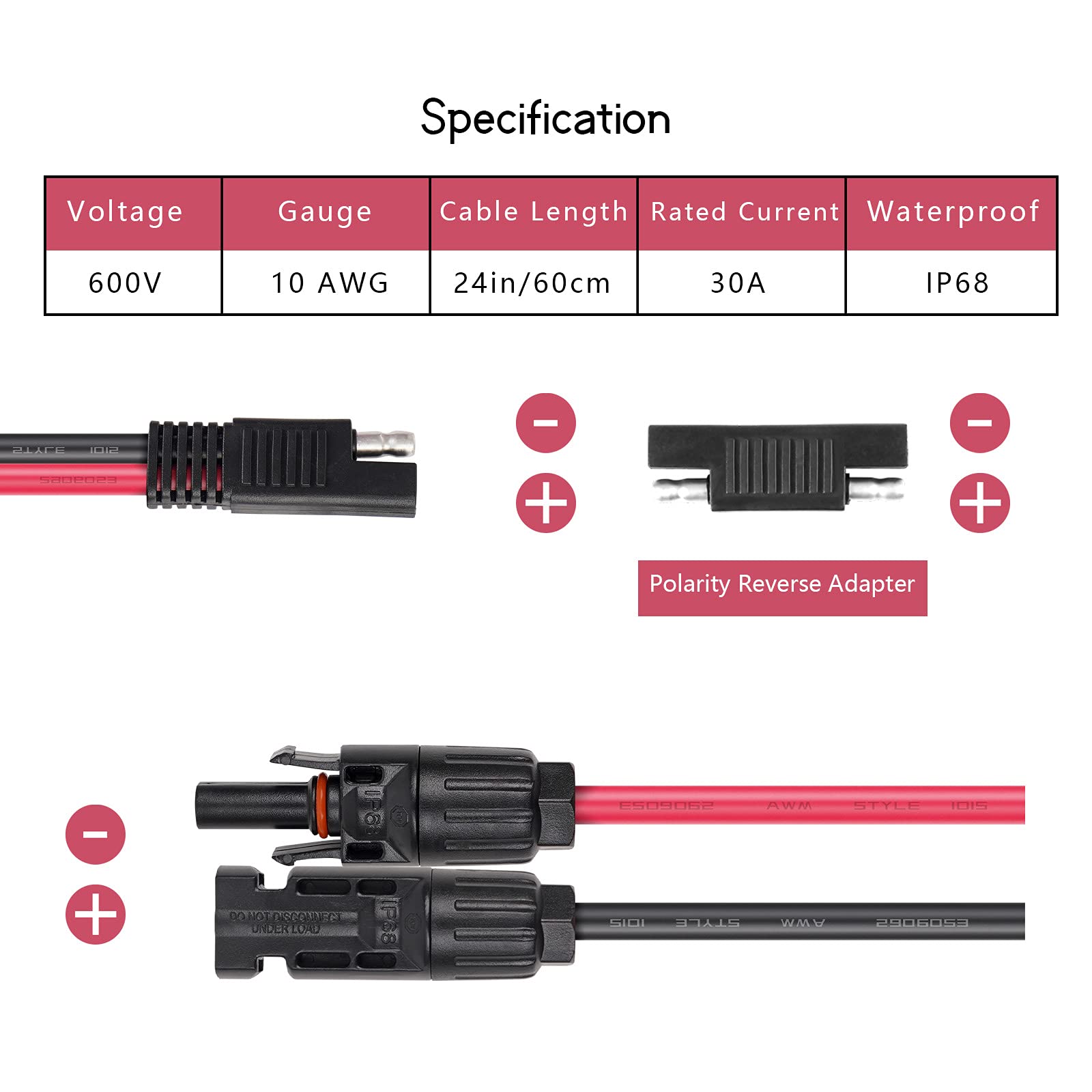 Vemote Solar Panel Connector to SAE Adapter Cable, 30A IP68 Waterproof PV Extension Wire with SAE Polarity Reverse Adapter 10AWG for Rv Caravan Solar Panels Battery Charger