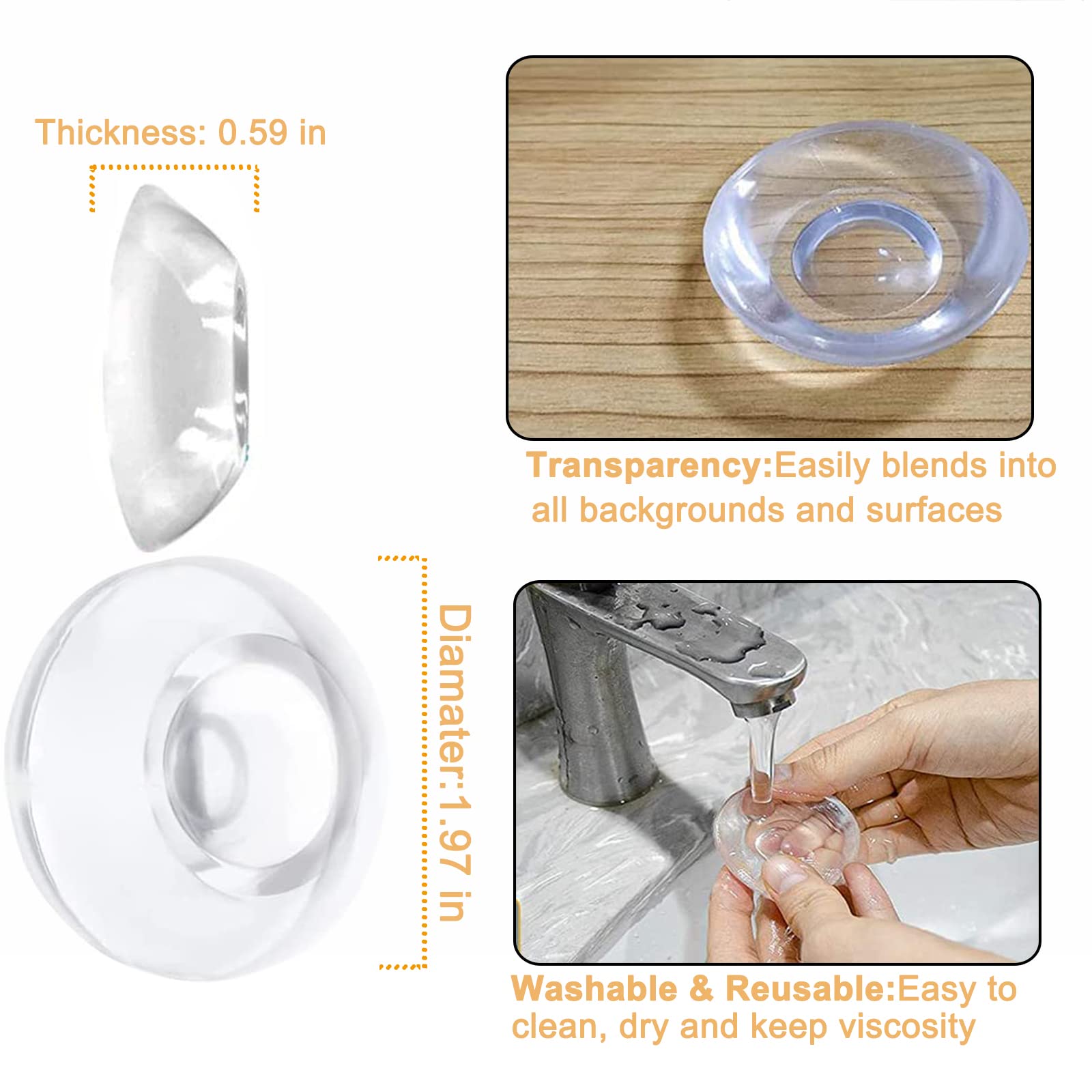 Door Stopper Wall Protector, Adhesive Bumper Protector, Reusable Rubber Door Stops from Door Knobs, Shock Absorbent Wall Shield for Door Handle (Clear-4 Pcs)