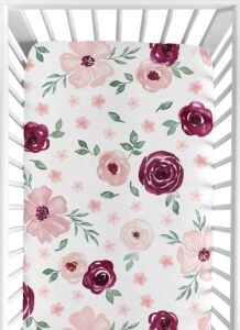 sweet jojo designs burgundy watercolor floral girl fitted crib sheet baby or toddler bed nursery - blush pink, maroon, wine, rose, green and white shabby chic flower farmhouse