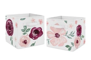 sweet jojo designs burgundy watercolor floral foldable fabric storage cube bins boxes organizer toys kids baby childrens - set of 2 - blush pink maroon wine rose green shabby chic flower farmhouse